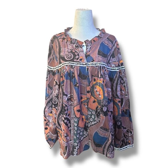 Cleobella NWT Karla Blouse Abstract Boho Balloon Sleeve Multicolor - Picture 2 of 9